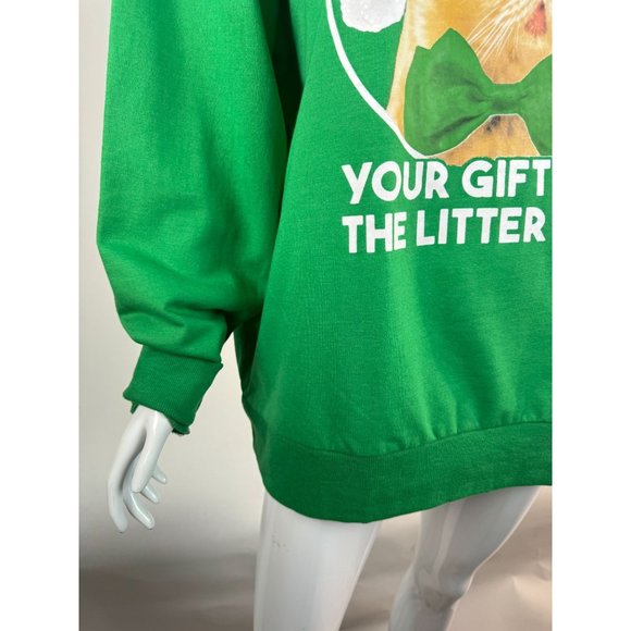 MAD Engine Ugly Christmas Holiday Cat Gift Sweatshirt Medium Green Cotton Blend - Picture 9 of 16